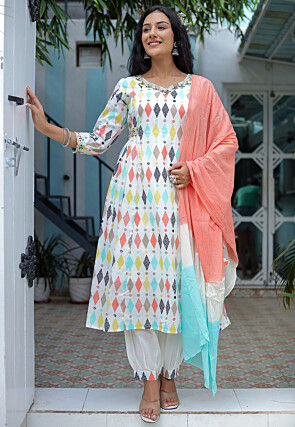Printed Cotton Pakistani Suit in Off White and Multicolor