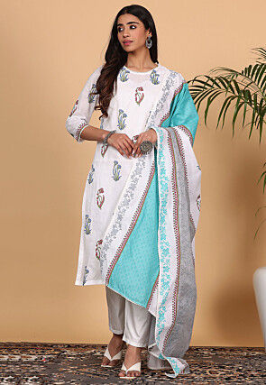 Printed Cotton Pakistani Suit in Off White