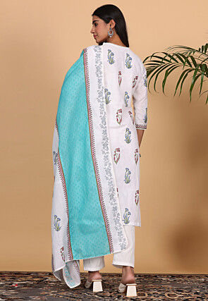Printed Cotton Pakistani Suit in Off White