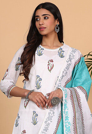 Printed Cotton Pakistani Suit in Off White