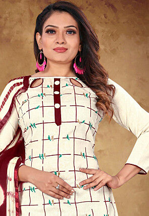 Printed Cotton Pakistani Suit in Off White