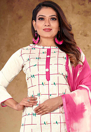 Printed Cotton Pakistani Suit in Off White