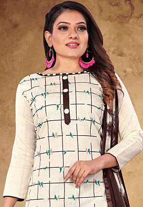 Printed Cotton Pakistani Suit in Off White