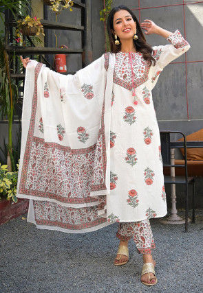 Printed Cotton Pakistani Suit in Off White