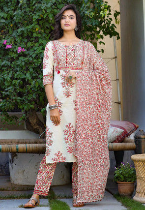 Printed Cotton Pakistani Suit in Off White