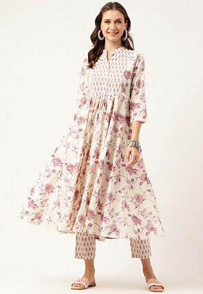 Printed Cotton Pakistani Suit in Off White