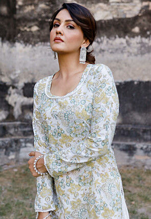 Printed Cotton Pakistani Suit in Off White