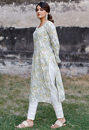 Printed Cotton Pakistani Suit in Off White