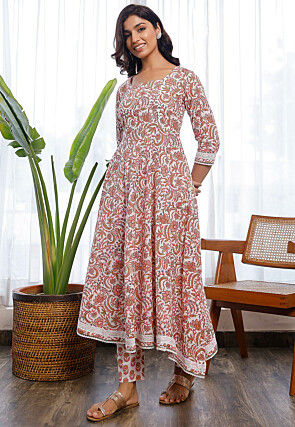 Printed Cotton Pakistani Suit in Off White