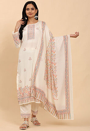 Printed Cotton Pakistani Suit in Off White