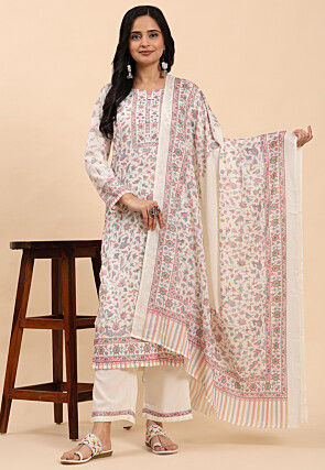 Printed Cotton Pakistani Suit in Off White
