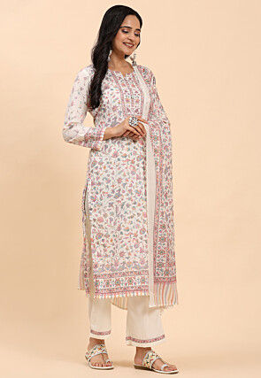 Printed Cotton Pakistani Suit in Off White