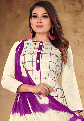 Printed Cotton Pakistani Suit in Off White