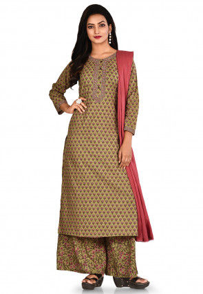 Printed Cotton Pakistani Suit in Olive Green