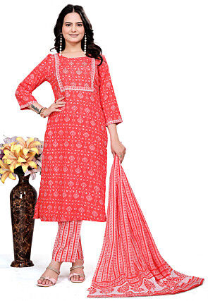 Printed Cotton Pakistani Suit in Orange
