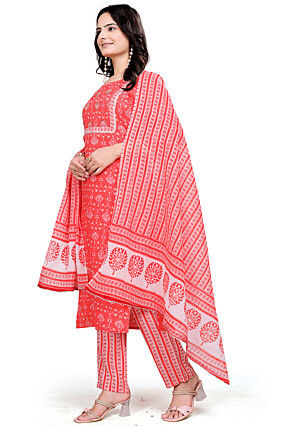 Printed Cotton Pakistani Suit in Orange