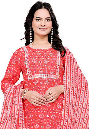 Printed Cotton Pakistani Suit in Orange