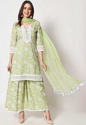 Printed Cotton Pakistani Suit in Pastel Green