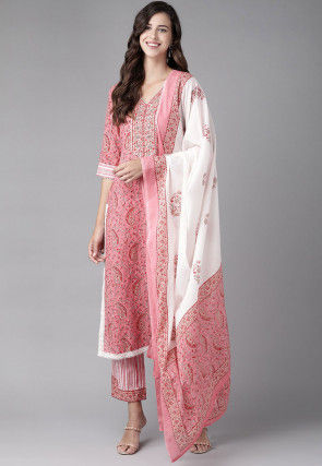 Printed Cotton Pakistani Suit in Coral Pink