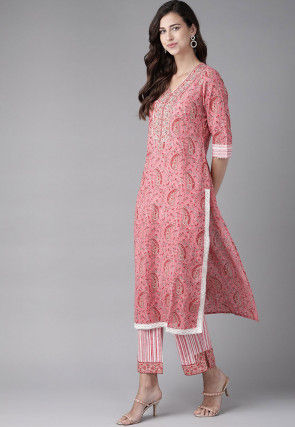 Printed Cotton Pakistani Suit in Coral Pink