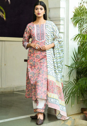 Printed Cotton Pakistani Suit in Peach