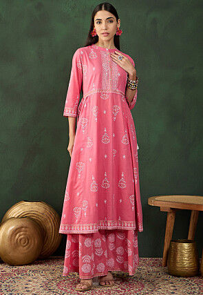 Printed Cotton Pakistani Suit in Pink