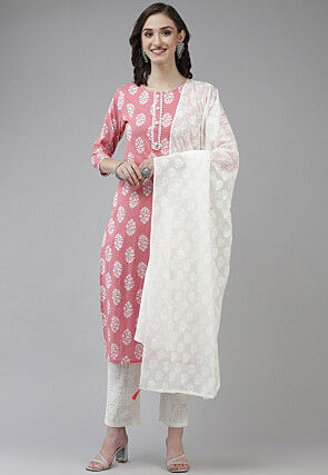Printed Cotton Pakistani Suit in Pink