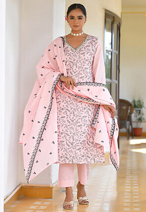 Printed Cotton Pakistani Suit in Pink