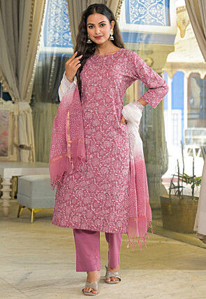 Printed Cotton Pakistani Suit in Pink