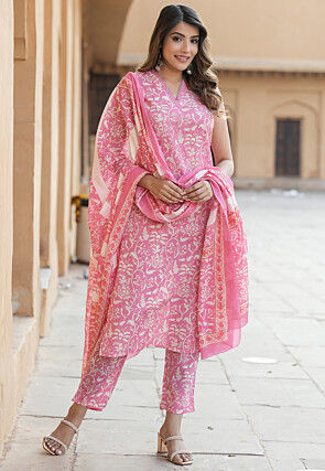 Printed Cotton Pakistani Suit in Pink