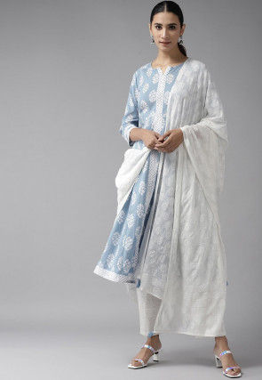 Printed Cotton Pakistani Suit in Sky Blue