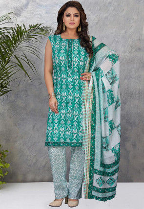 Printed Cotton Pakistani Suit in Teal Green