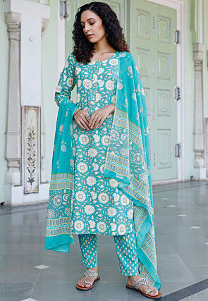 Printed Cotton Pakistani Suit in Turquoise