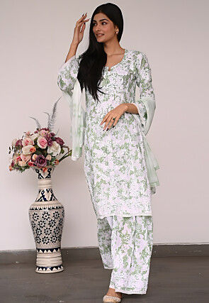 Printed Cotton Pakistani Suit in White and Green