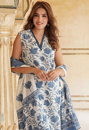 Printed Cotton Pakistani Suit in White