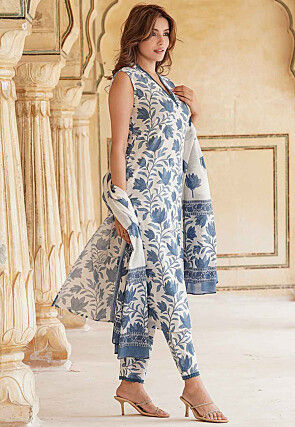 Printed Cotton Pakistani Suit in White