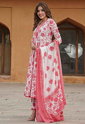Printed Cotton Pakistani Suit in White