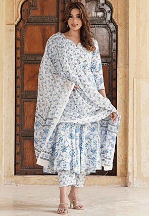 Printed Cotton Pakistani Suit in White