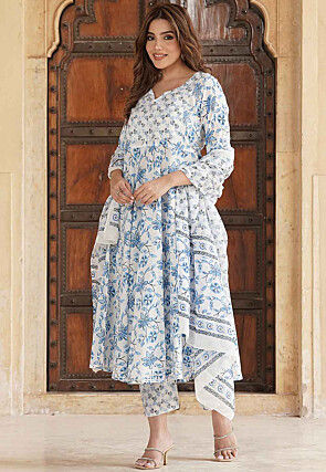 Printed Cotton Pakistani Suit in White