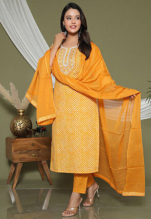 Printed Cotton Pakistani Suit in Yellow