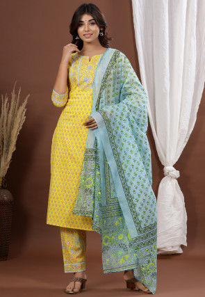 Printed Cotton Pakistani Suit in Yellow