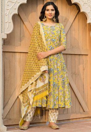 Printed Cotton Pakistani Suit in Yellow