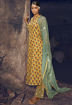 Printed Cotton Pakistani Suit in Yellow
