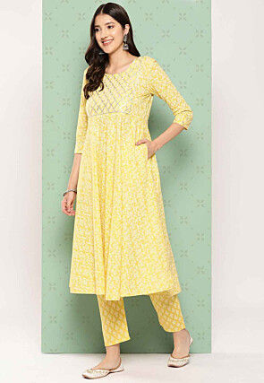 Printed Cotton Pakistani Suit in Yellow