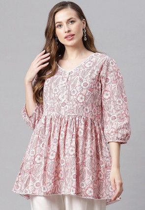 Printed Cotton Peplum Style Top in Baby Pink