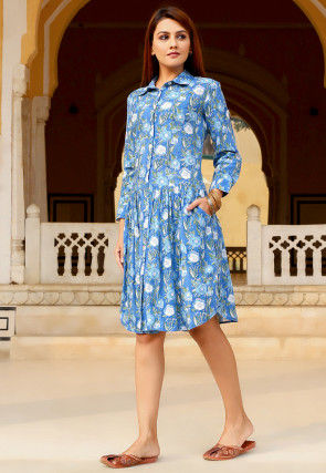 Printed Cotton Pleated Sheath Dress in Light Blue
