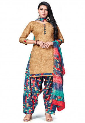 Printed Cotton Punjabi Suit in Beige