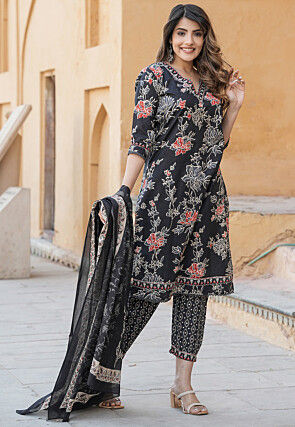 Printed Cotton Punjabi Suit in Black