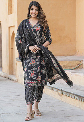 Printed Cotton Punjabi Suit in Black