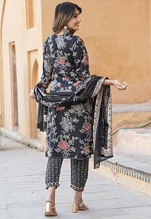 Printed Cotton Punjabi Suit in Black